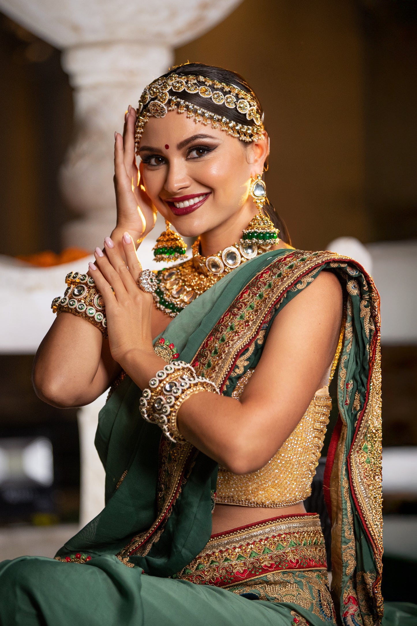 Emerald Royal Saree – Zari & Mirror Embellished Bridal Set