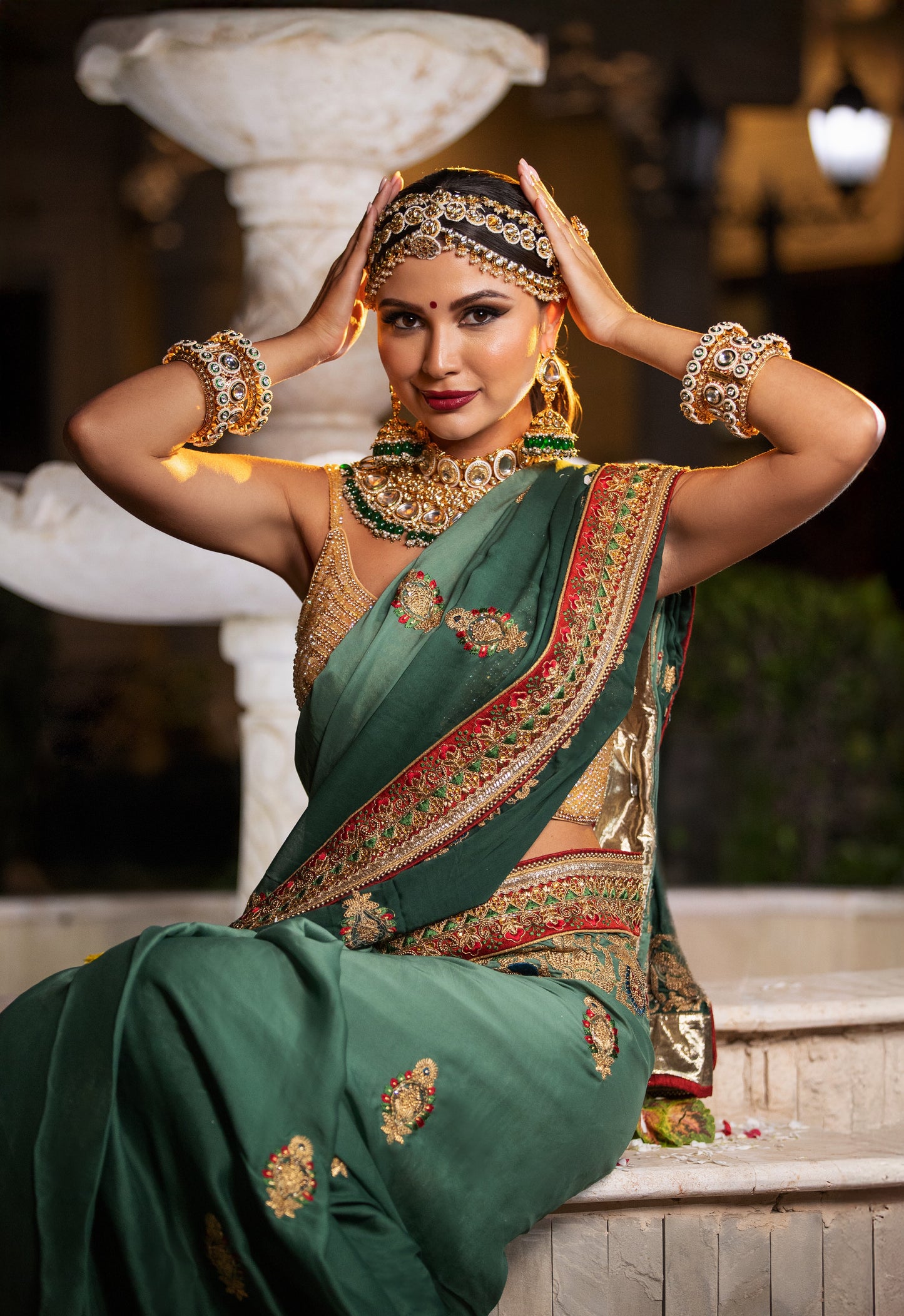 Emerald Royal Saree – Zari & Mirror Embellished Bridal Set