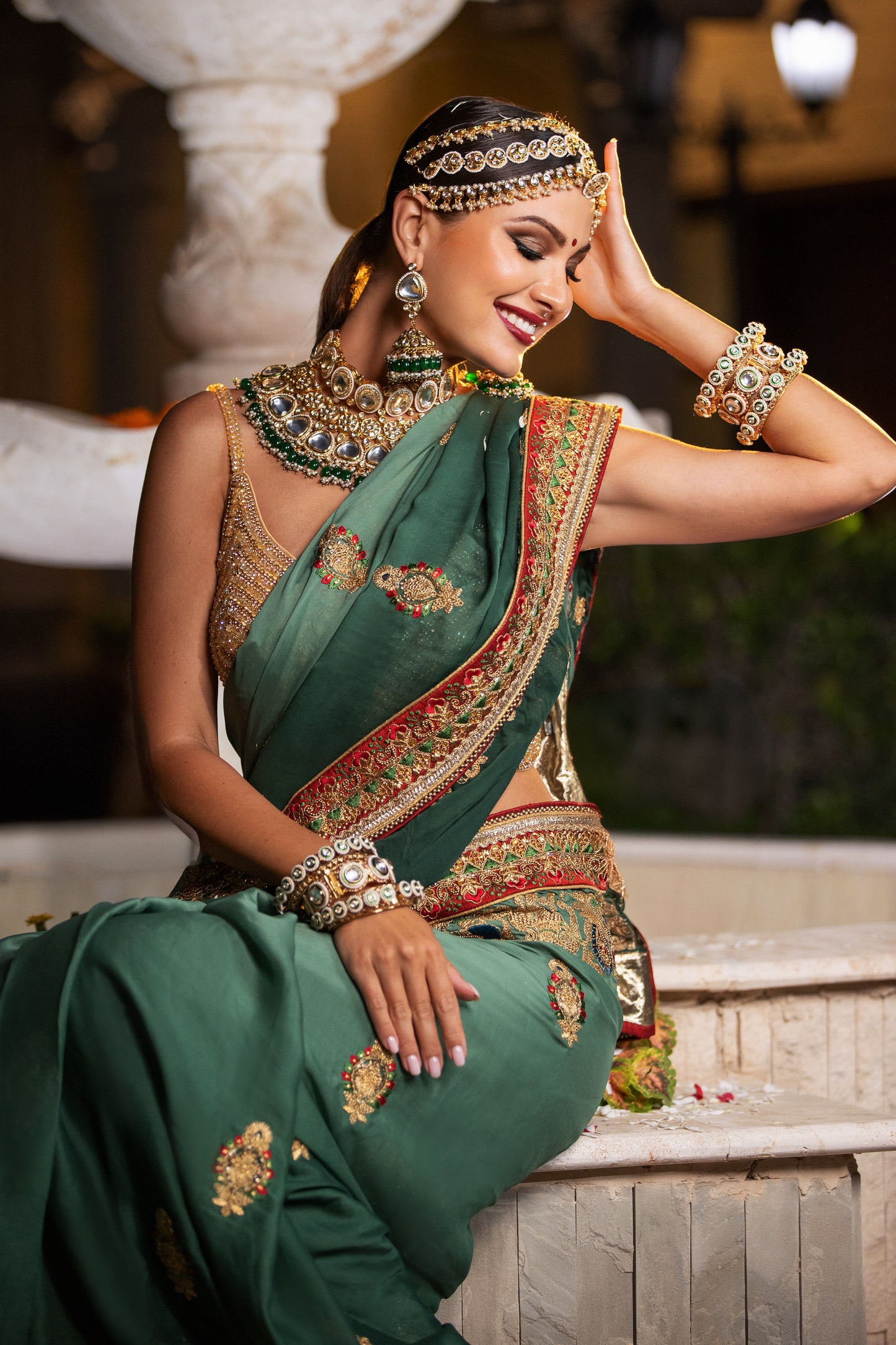 Emerald Royal Saree – Zari & Mirror Embellished Bridal Set